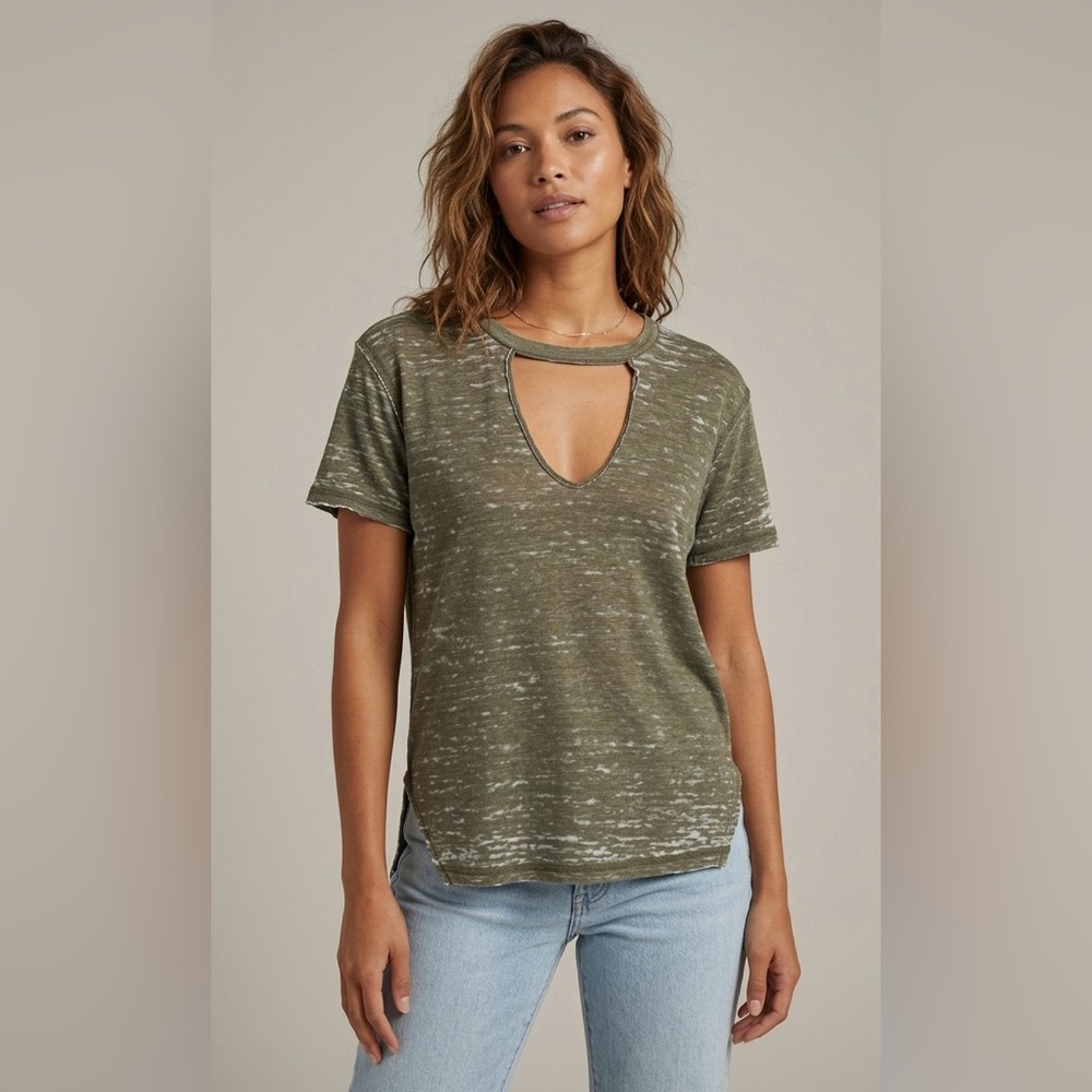 Distressed V-neck Tee - Olive